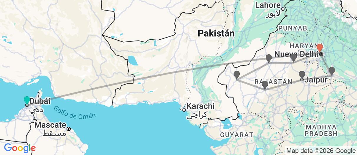 Mapa con el itinerario en Emiratos Árabes e India