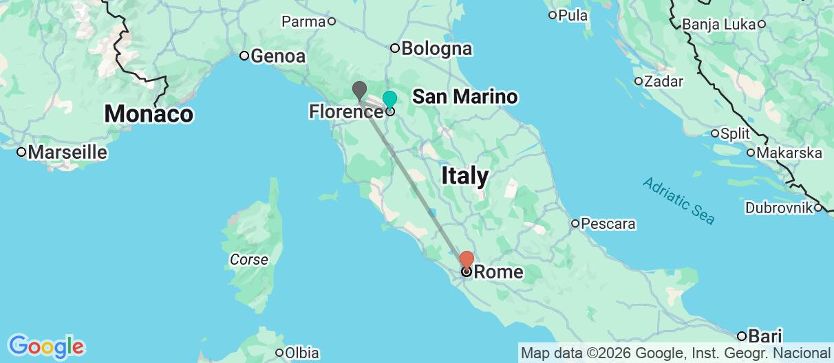 Map with itinerary in Italy
