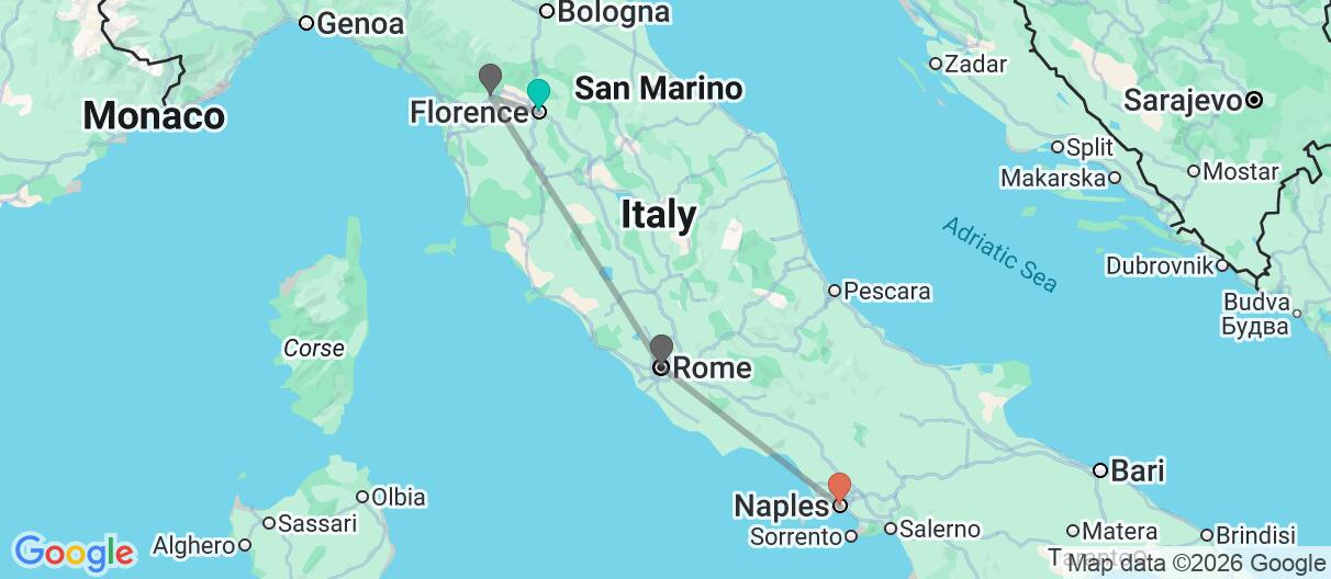 Map with itinerary in Italy