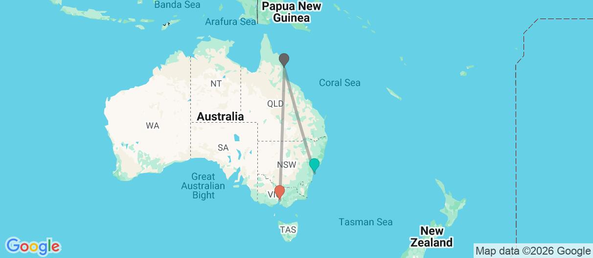Map with itinerary in Australia
