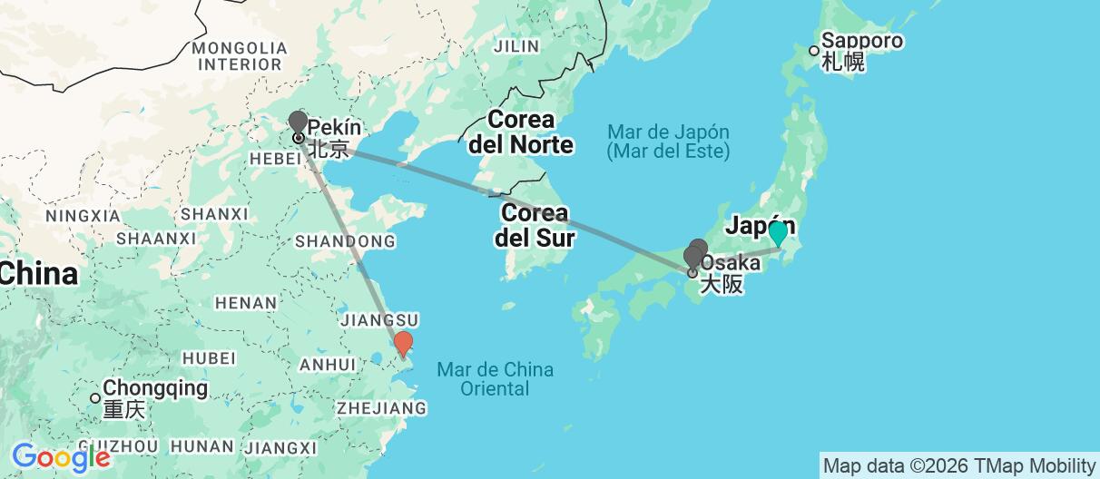 Mapa con el itinerario en Japón y China