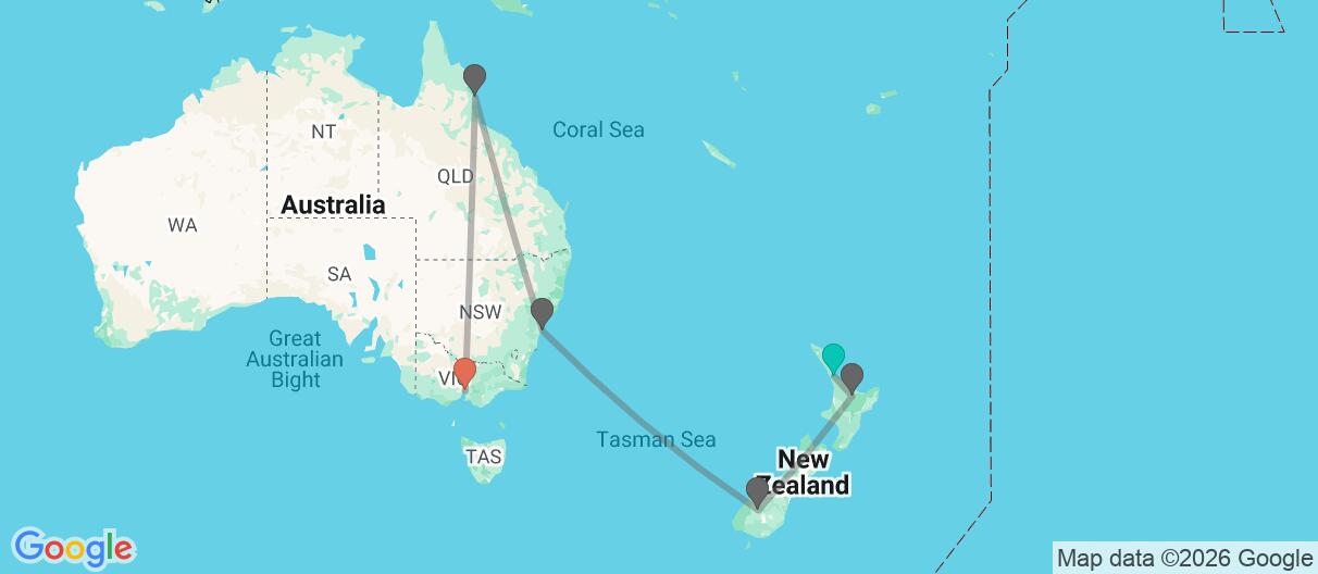 Map with itinerary in New Zealand & Australia