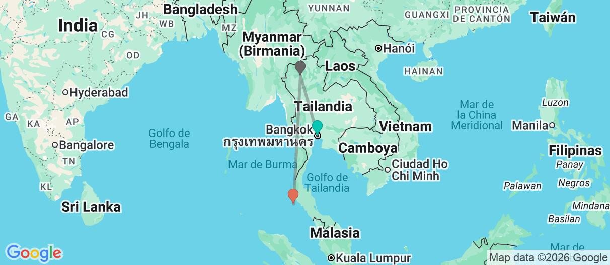 Mapa con el itinerario en Tailandia