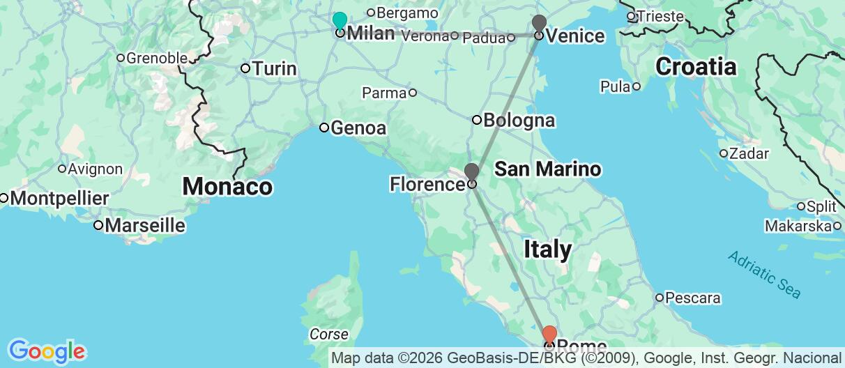 Map with itinerary in Italy