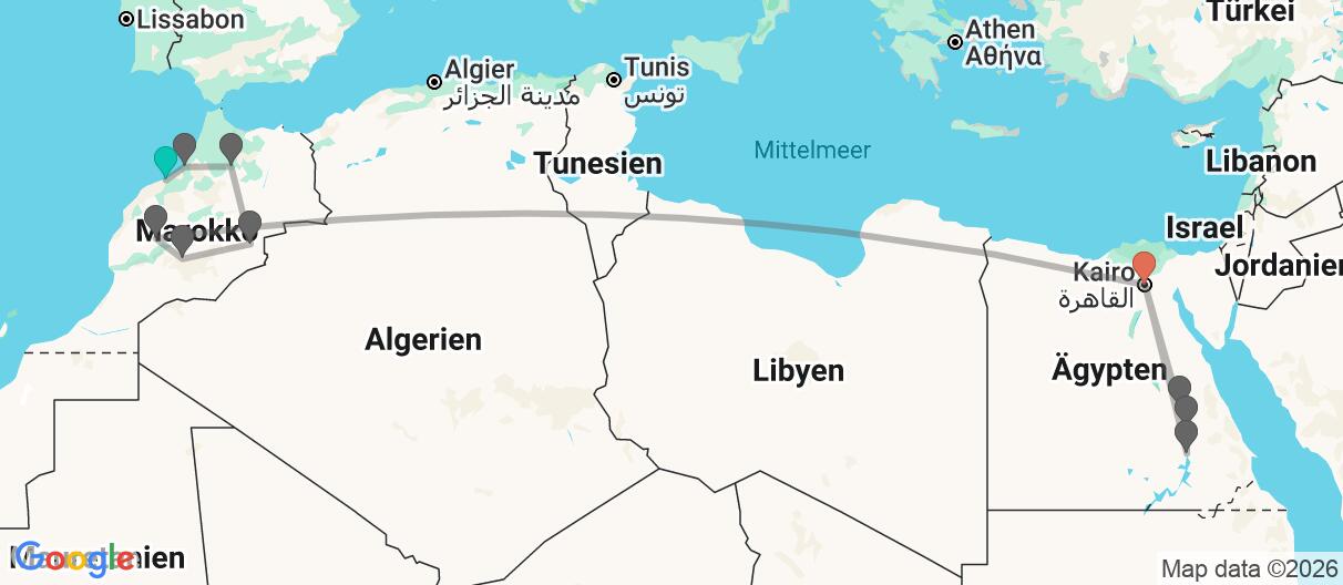 Karte mit Reiseroute in Marokko & Ägypten