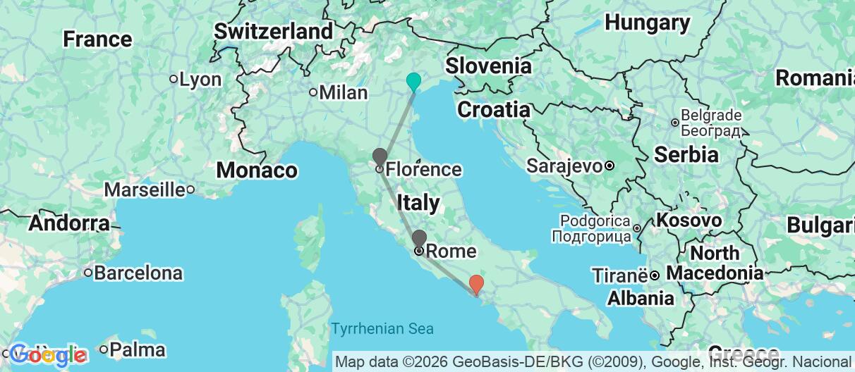 Map with itinerary in Italy