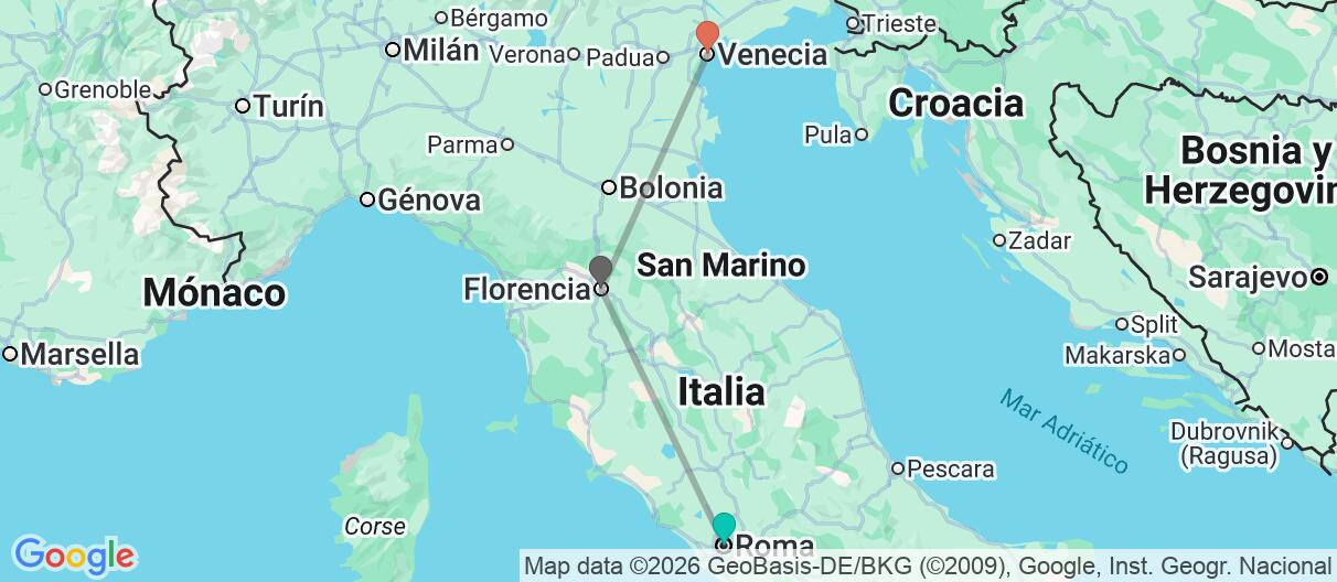 Mapa con el itinerario en Italia