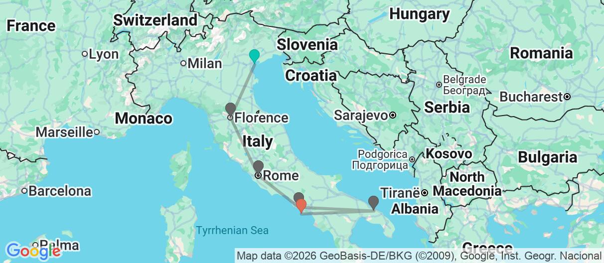 Map with itinerary in Italy