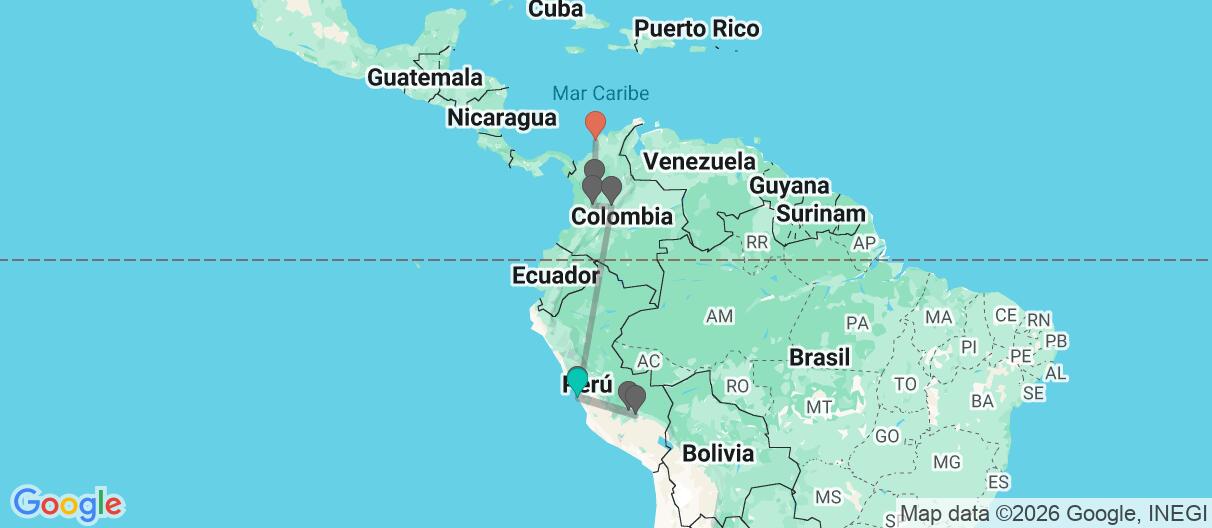 Mapa con el itinerario en Perú & Colombia