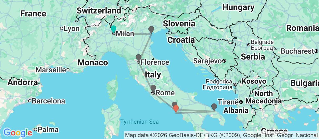 Map with itinerary in Italy