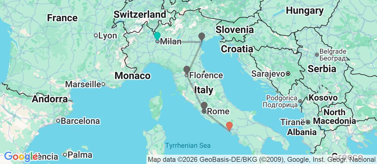 Map with itinerary in Italy
