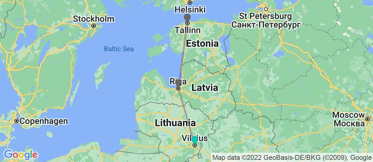 Map with itinerary in Lithuania, Latvia & Estonia