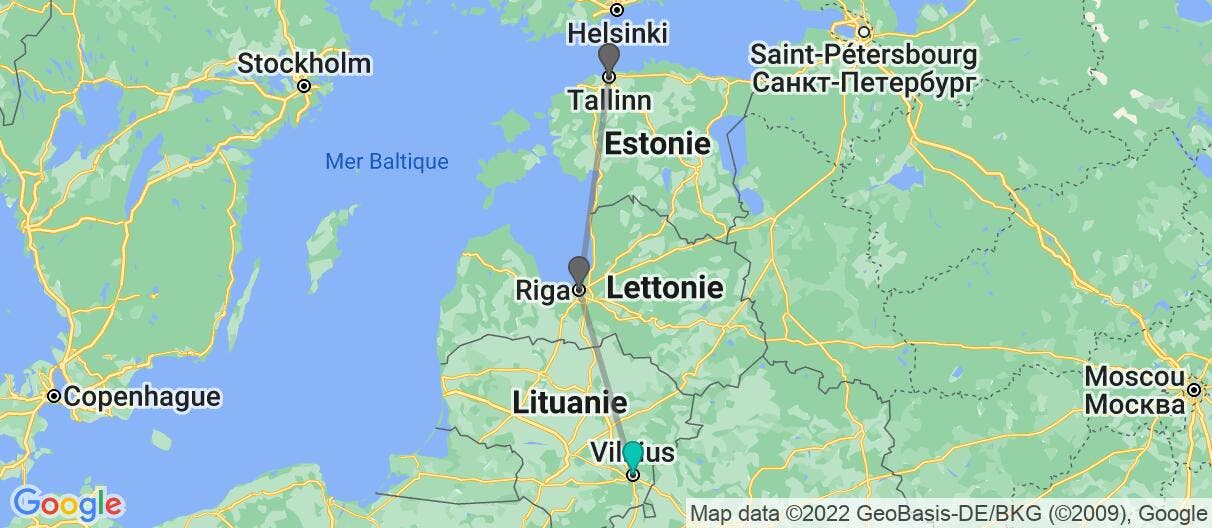 Carte avec l'itinéraire en/aux Pays Baltes