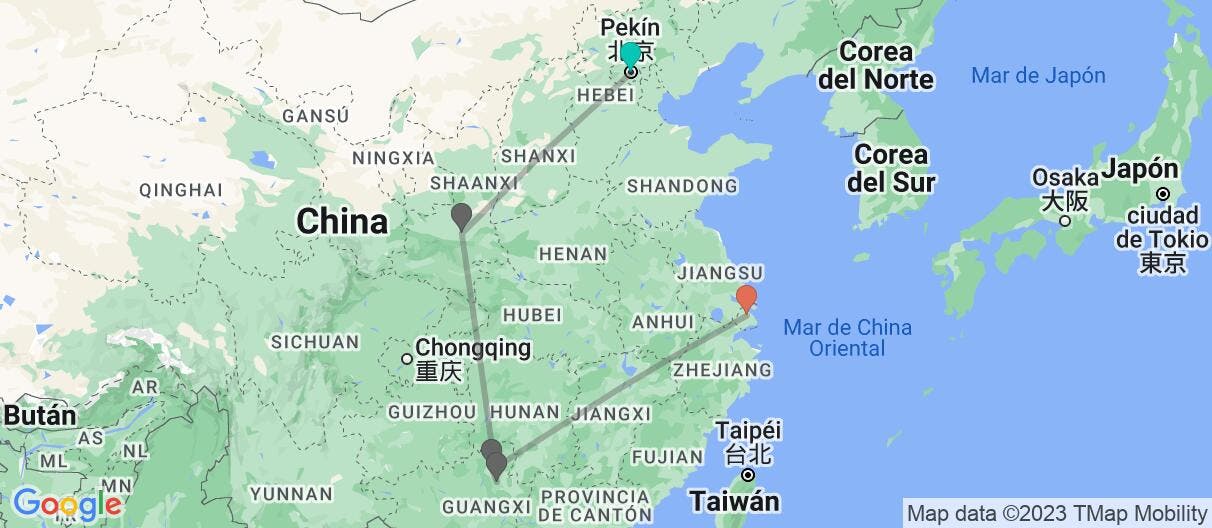 Mapa con el itinerario en China