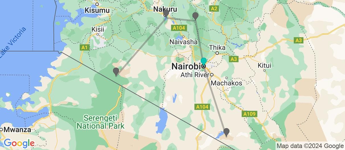 Map with itinerary in Kenya  