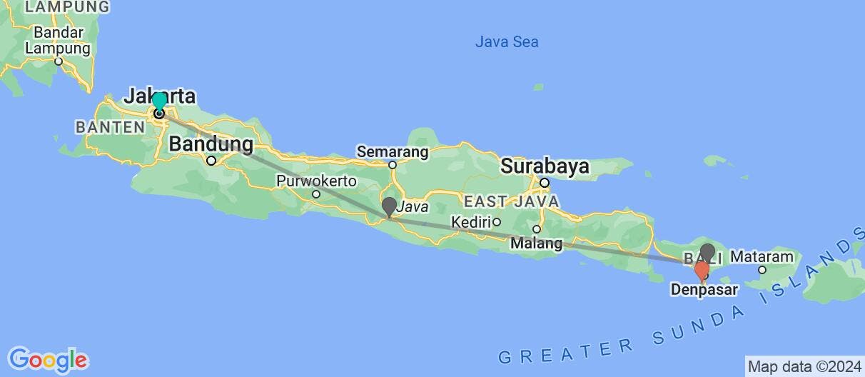 Map with itinerary in Indonesia