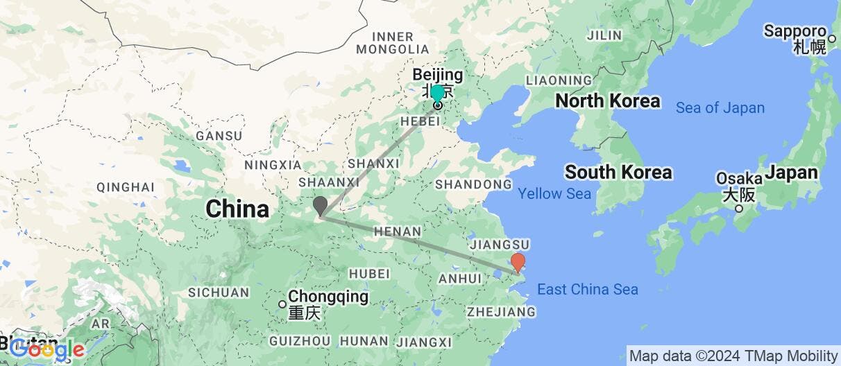 Map with itinerary in China