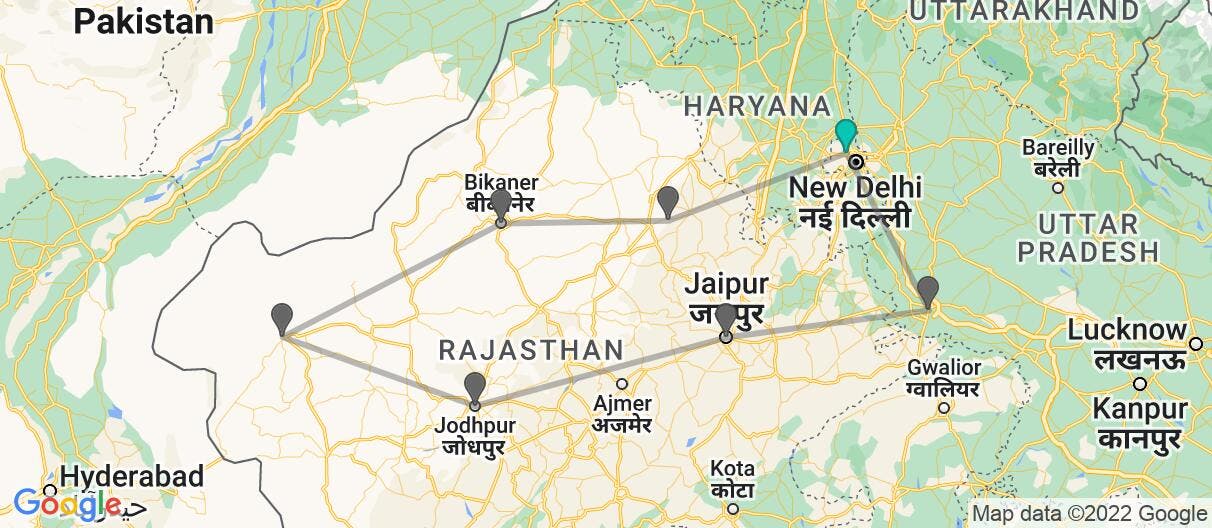 Map with itinerary in India 