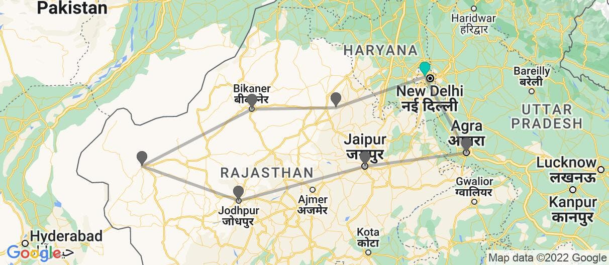 Map with itinerary in India 