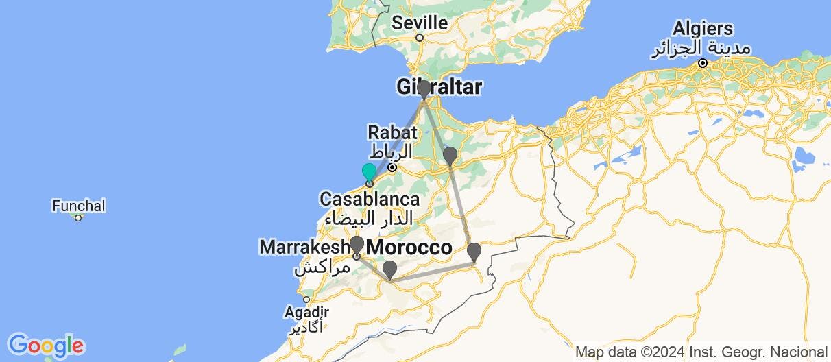 Map with itinerary in Morocco