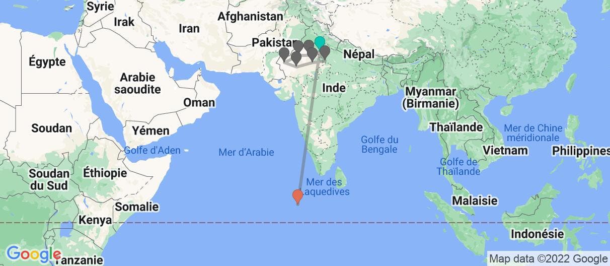 Carte avec l'itinéraire en/aux Inde & Maldives