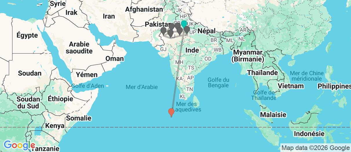 Carte avec l'itinéraire en/aux Inde & Maldives