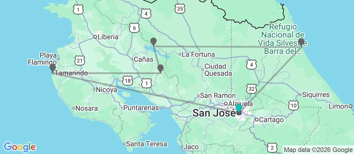 Map with itinerary in Costa Rica