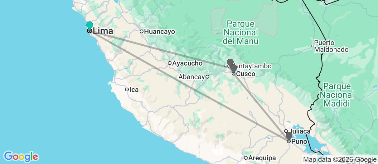 Map with itinerary in Peru