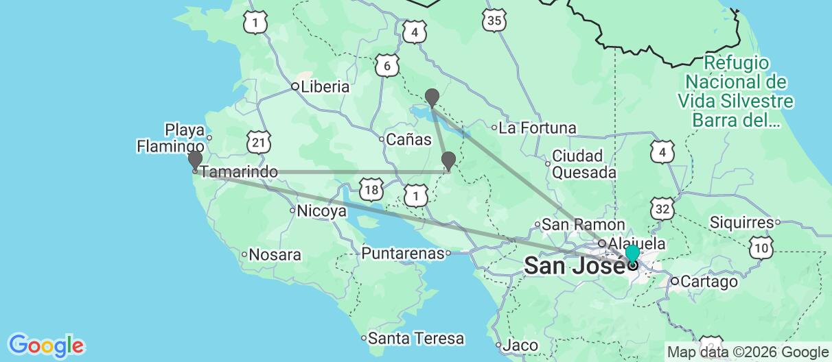 Map with itinerary in Costa Rica