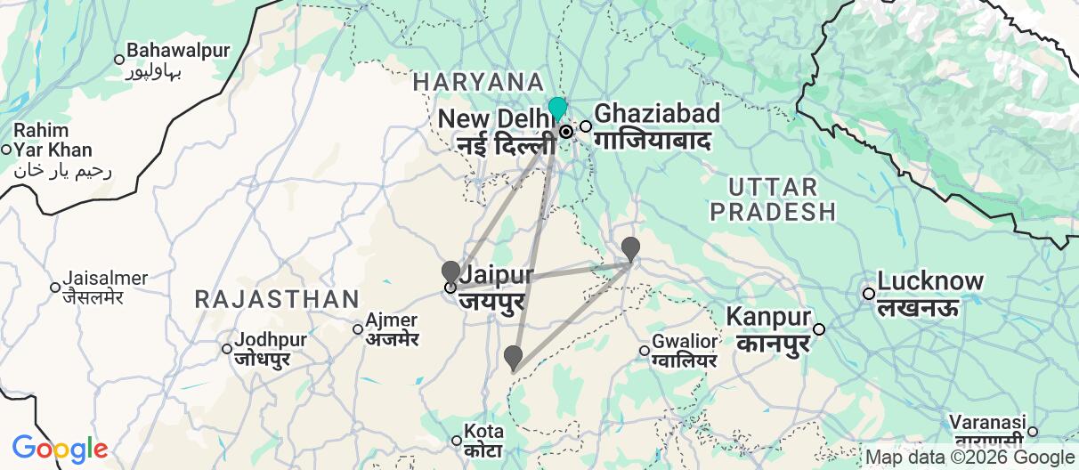 Map with itinerary in India