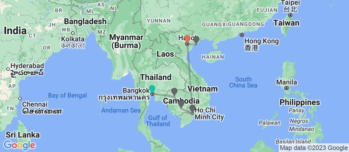 Map with itinerary in Thailand, Cambodia & Vietnam