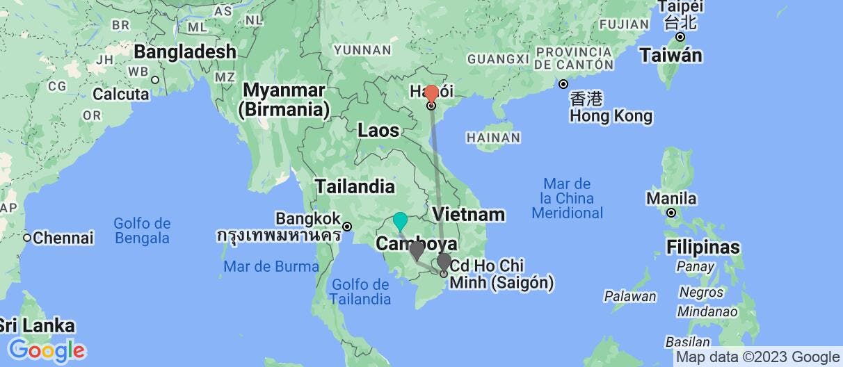 Mapa con el itinerario en Camboya y Vietnam