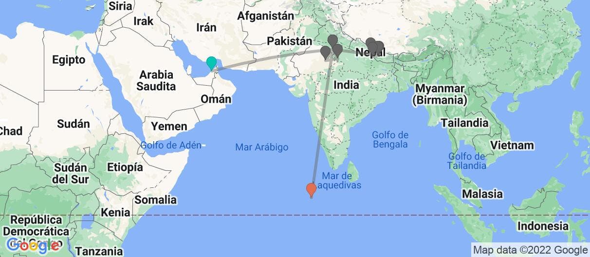Mapa con el itinerario en EAU, India, Nepal y Maldivas