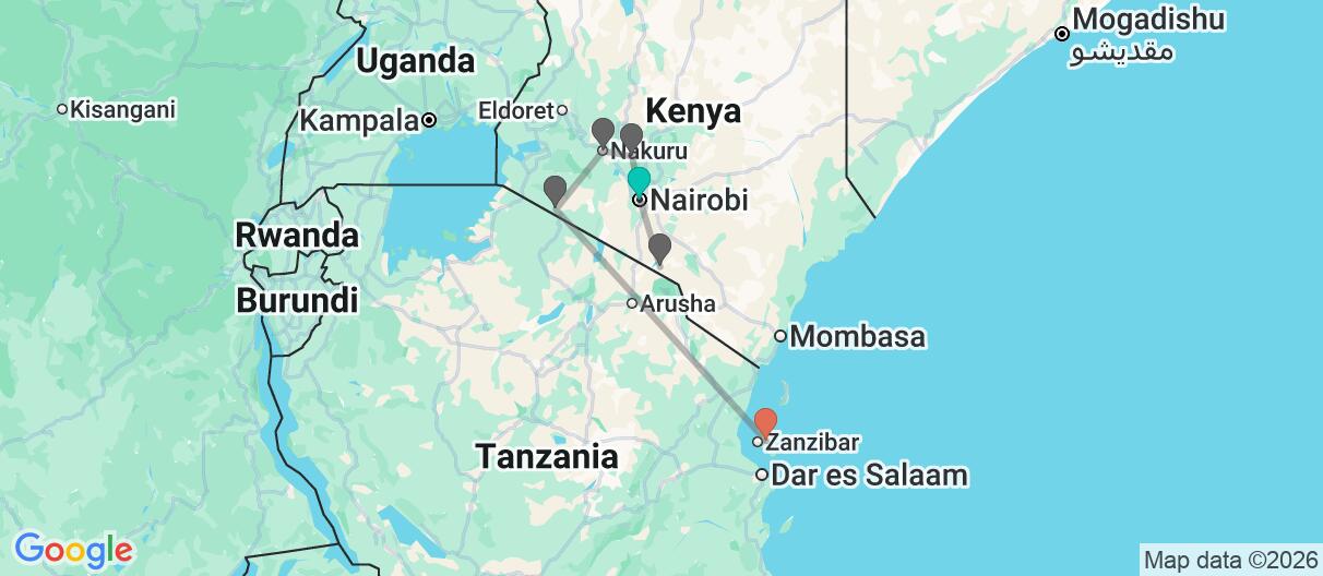 Map with itinerary in Kenya & Tanzania