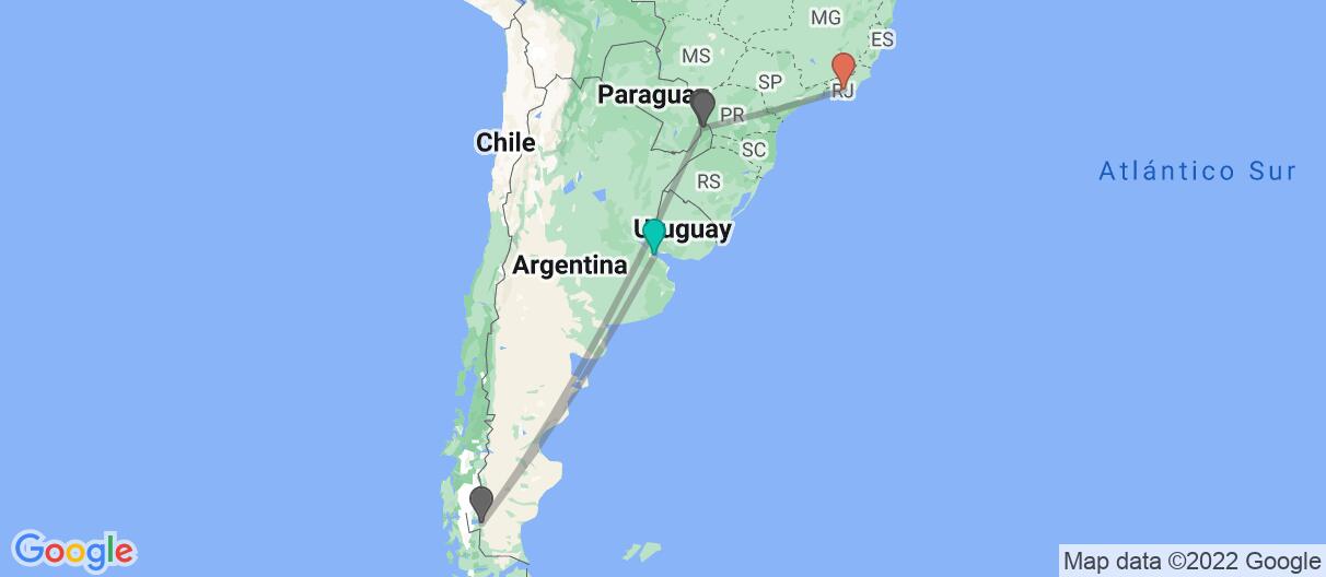 Mapa con el itinerario en Argentina y Brasil