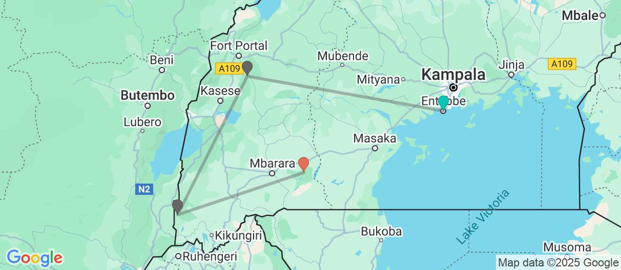 Map with itinerary in Uganda