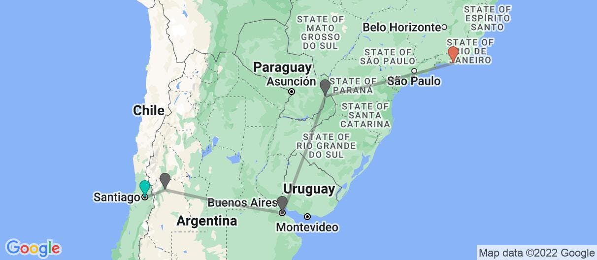 Map with itinerary in Chile, Argentina & Brazil