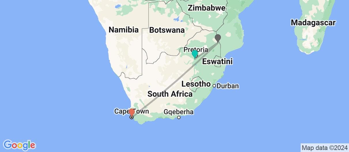 Map with itinerary in South Africa