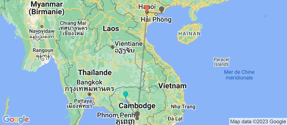 Carte avec l'itinéraire en/aux Cambodge et Vietnam