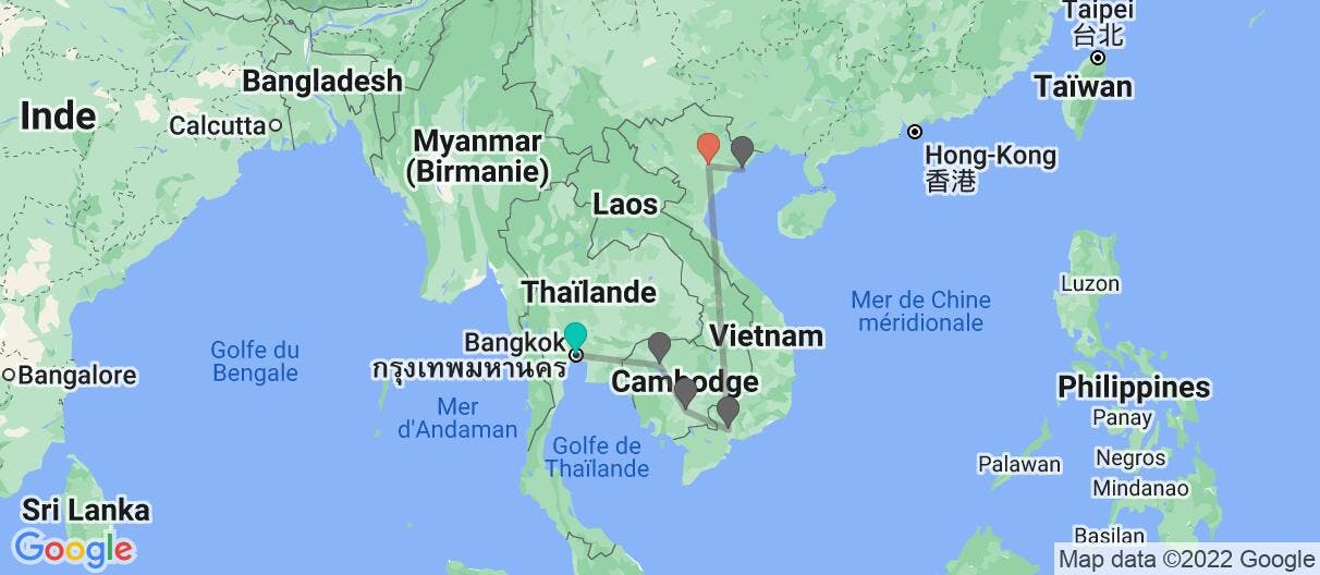 Carte avec l'itinéraire en/aux Thaïlande, Cambodge & Vietnam