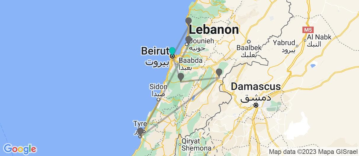 Map with itinerary in Lebanon