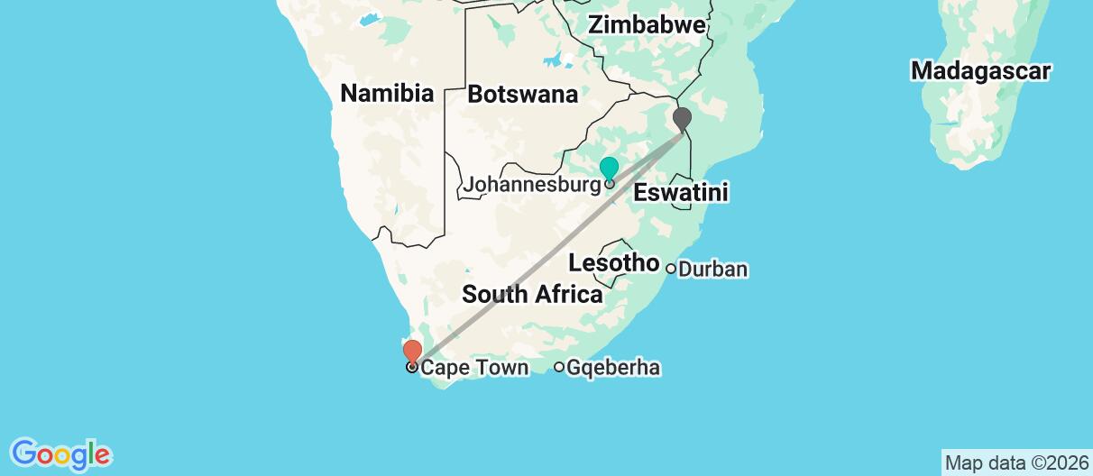 Map with itinerary in South Africa