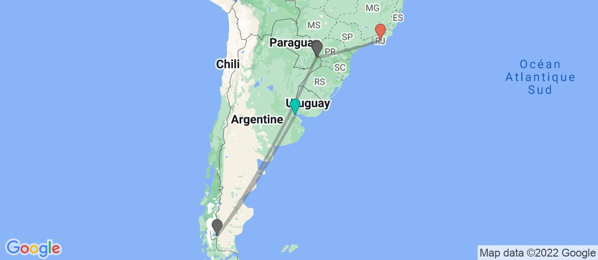 Carte avec l'itinéraire en/aux Argentine et Brésil