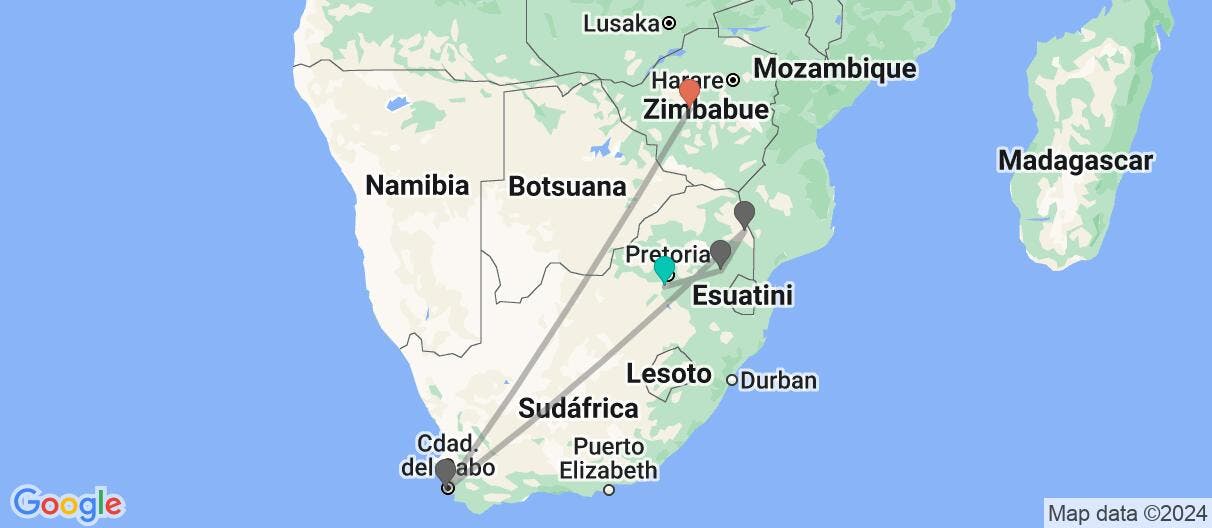 Mapa con el itinerario en Sudáfrica y Zimbabue