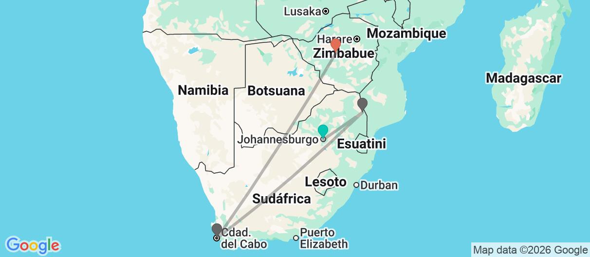 Mapa con el itinerario en Sudáfrica y Zimbabue