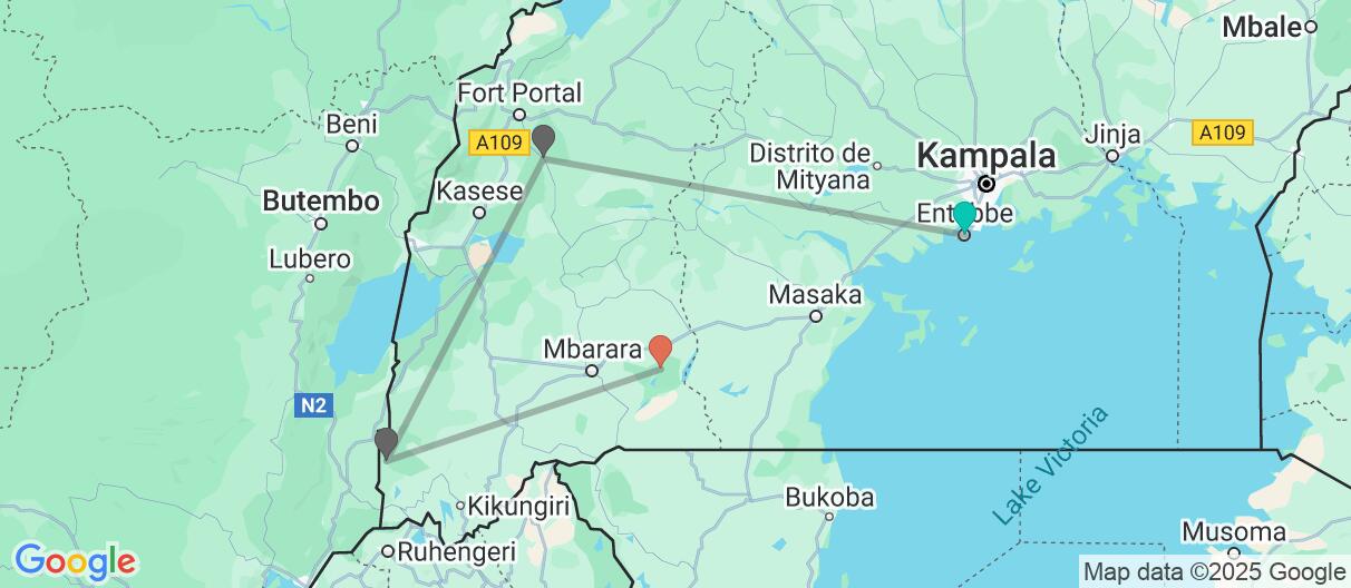 Mapa con el itinerario en Uganda