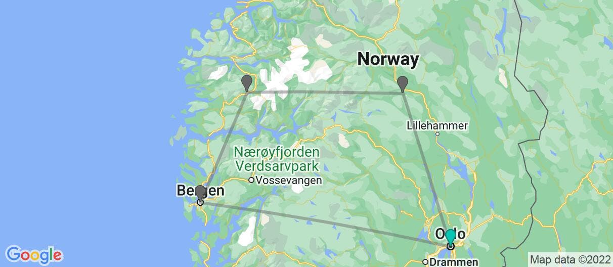Map with itinerary in Norway