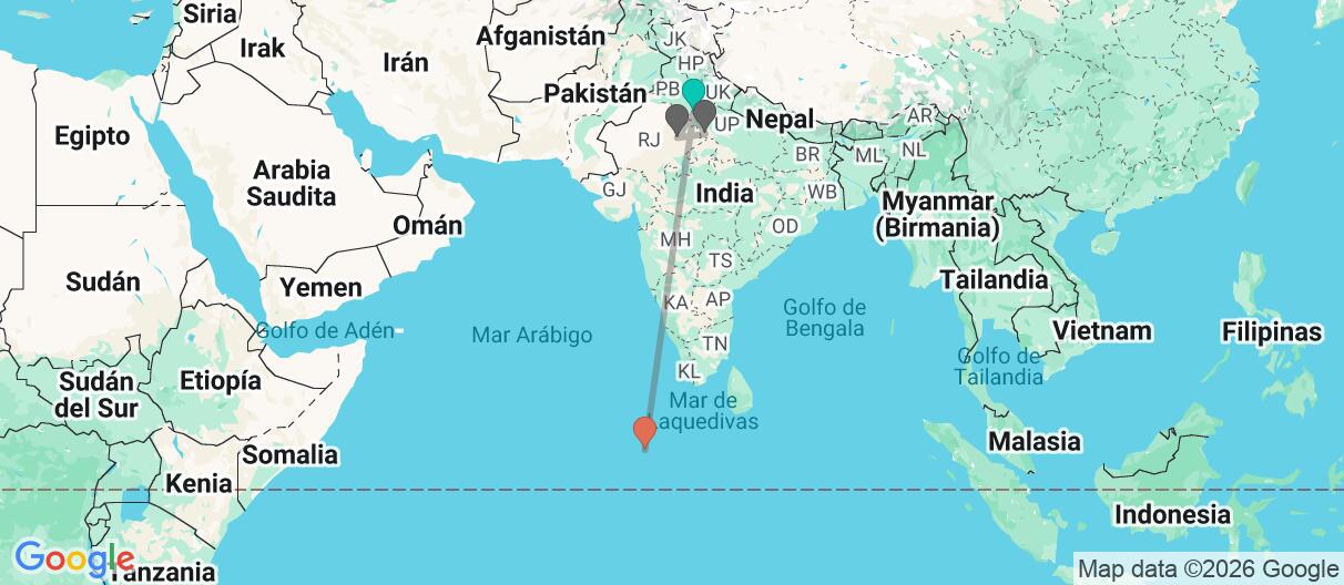 Mapa con el itinerario en India y Maldivas