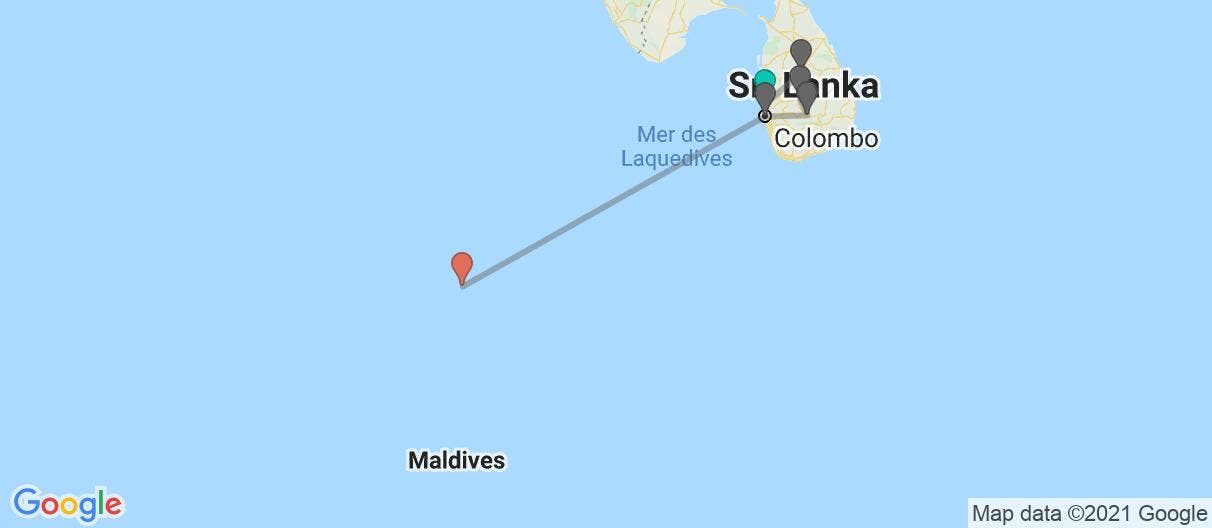 Carte avec l'itinéraire en/aux Sri Lanka et Maldives