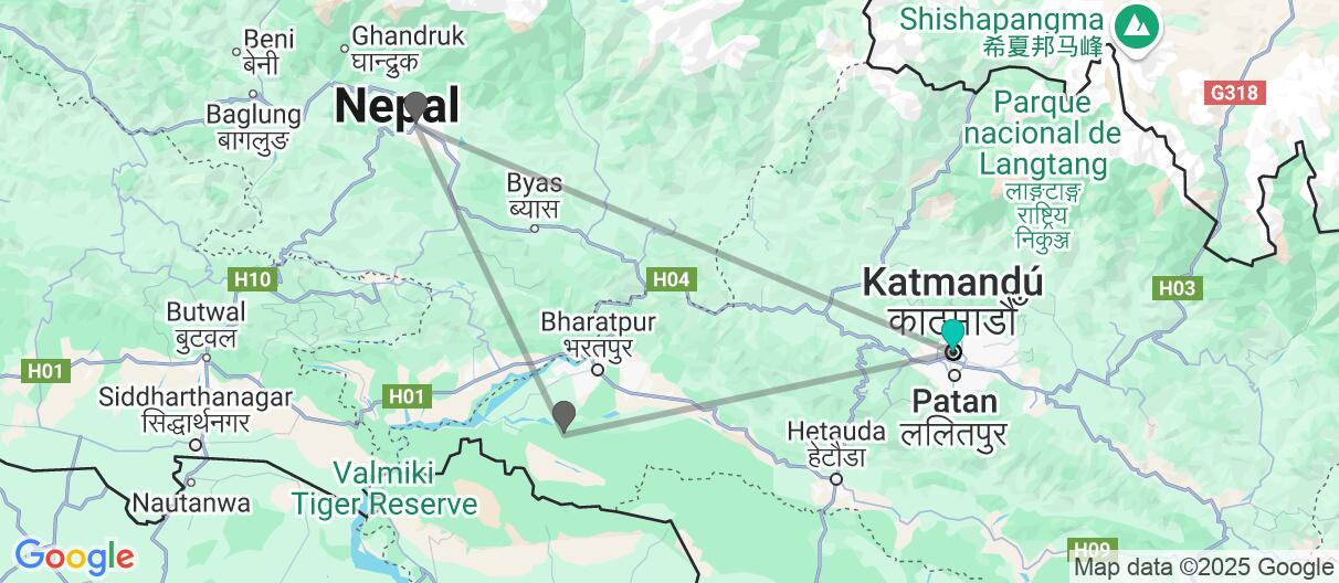 Mapa con el itinerario en Nepal